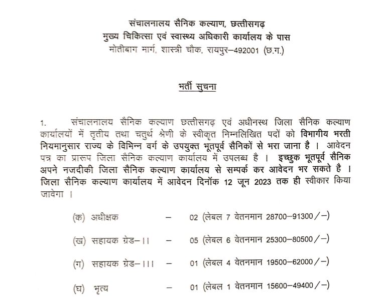 Sainik Karyalay Raipur Bharti 2023