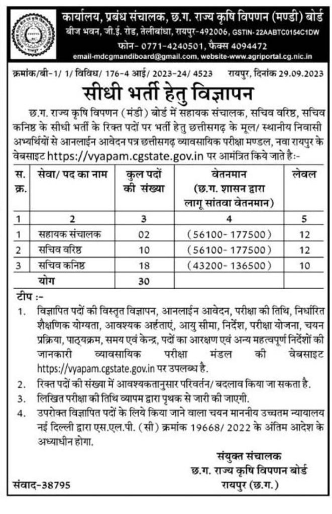 CG Vyapam Mandi Board Recruitment 2023 छ.ग. राज्य कृषि विपणन ( मंडी