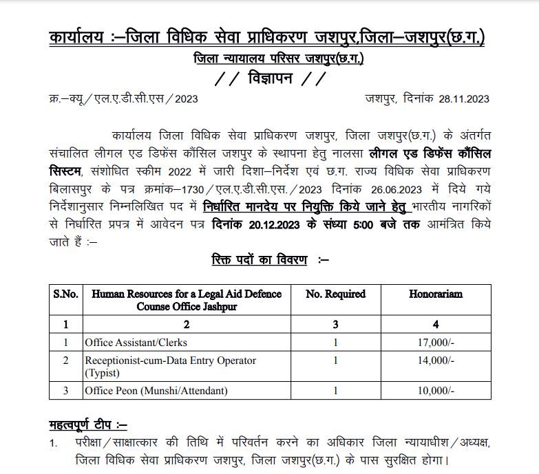Jila Vidhik Seva Pradhikaran Jashpur Vacancy 2023