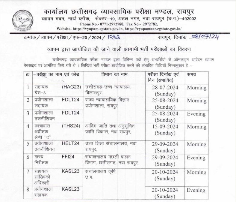 CG Vyapam Upcoming Exam Date 2024